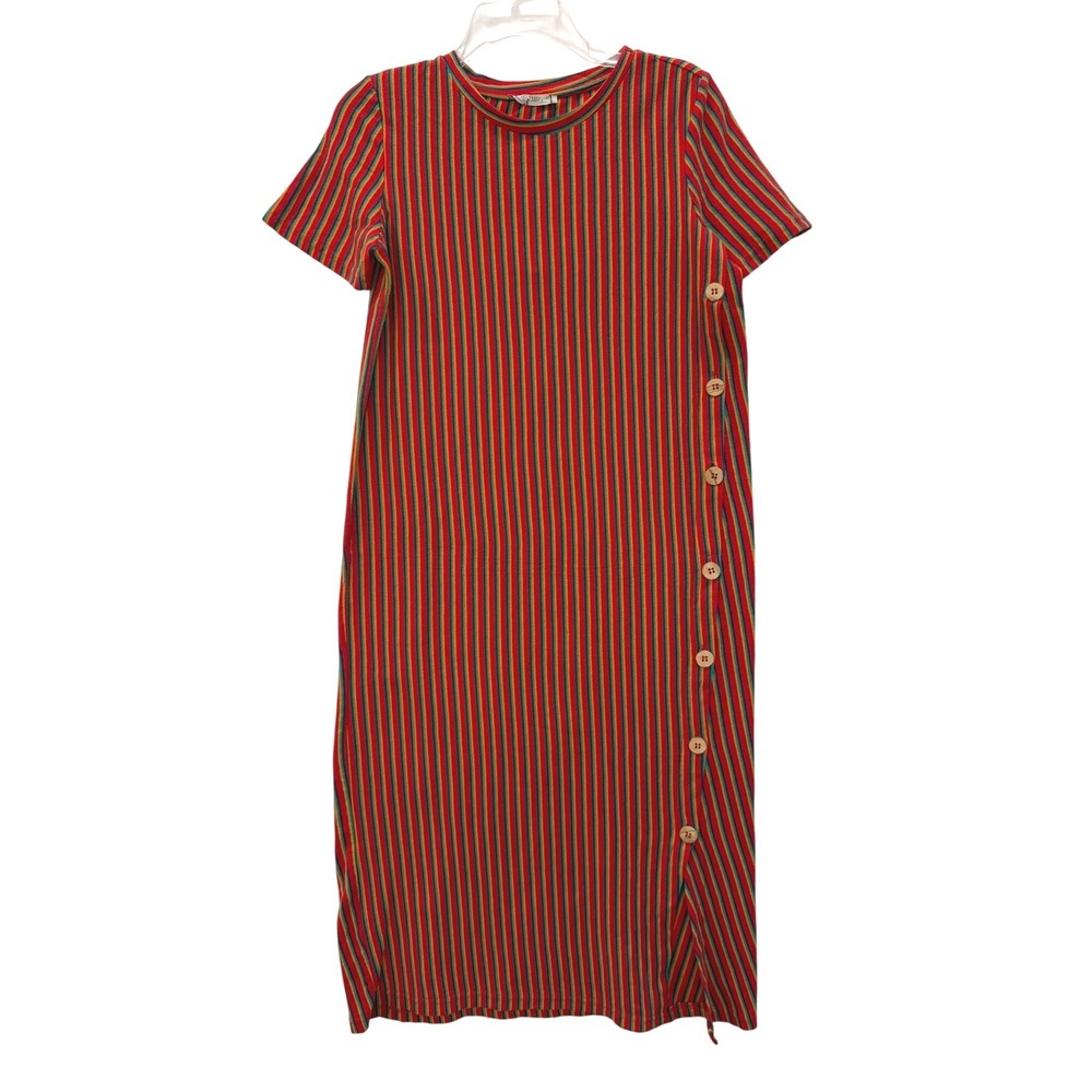 Zara Trafaluc Red Striped Ribbed Knit Side Button Midi Dress Size Small